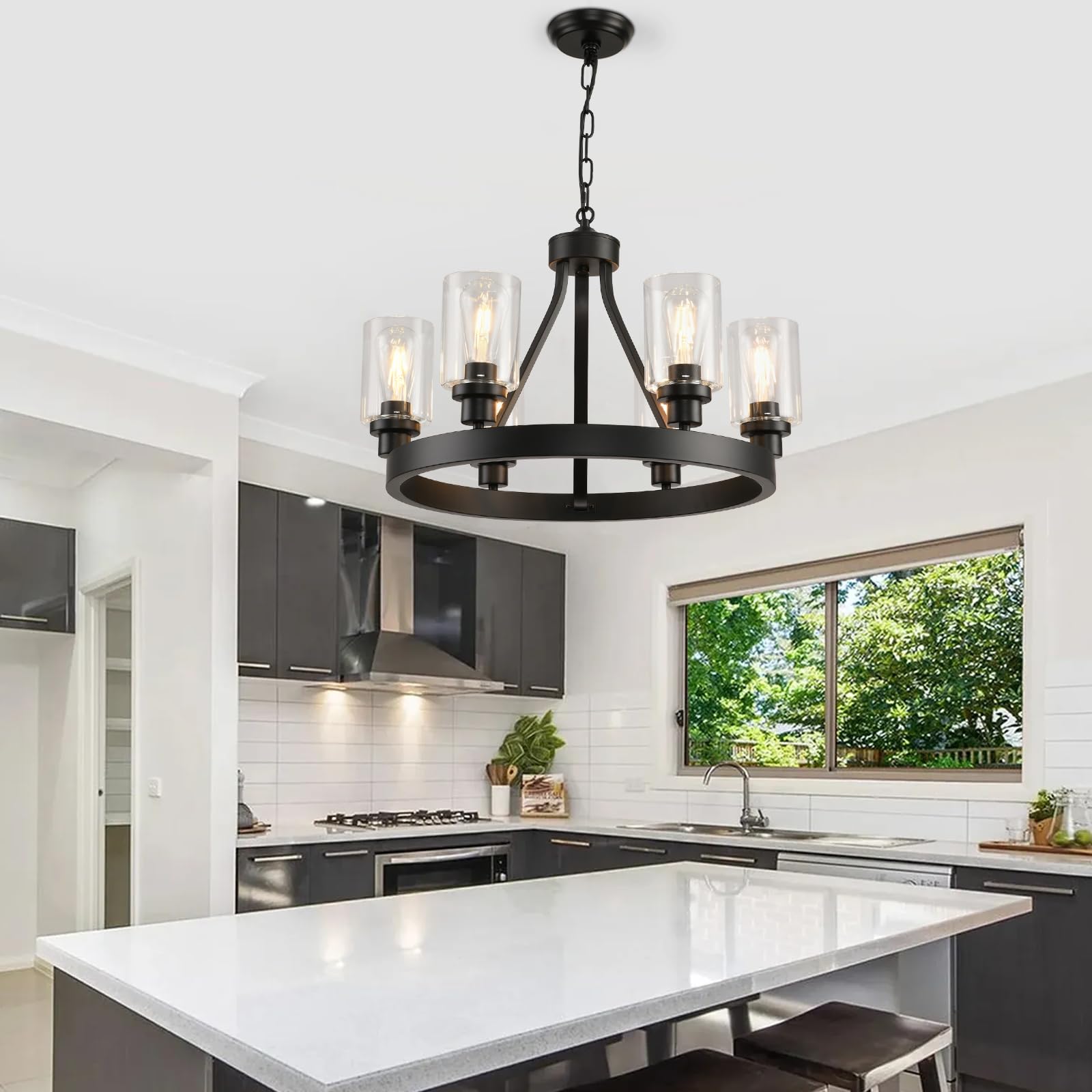 D24'' Black Wagon Wheel Chandelier, 6-Light Black Round Farmhouse Chandeliers, Dining Room Light Fixtures Black Industrial Hangi