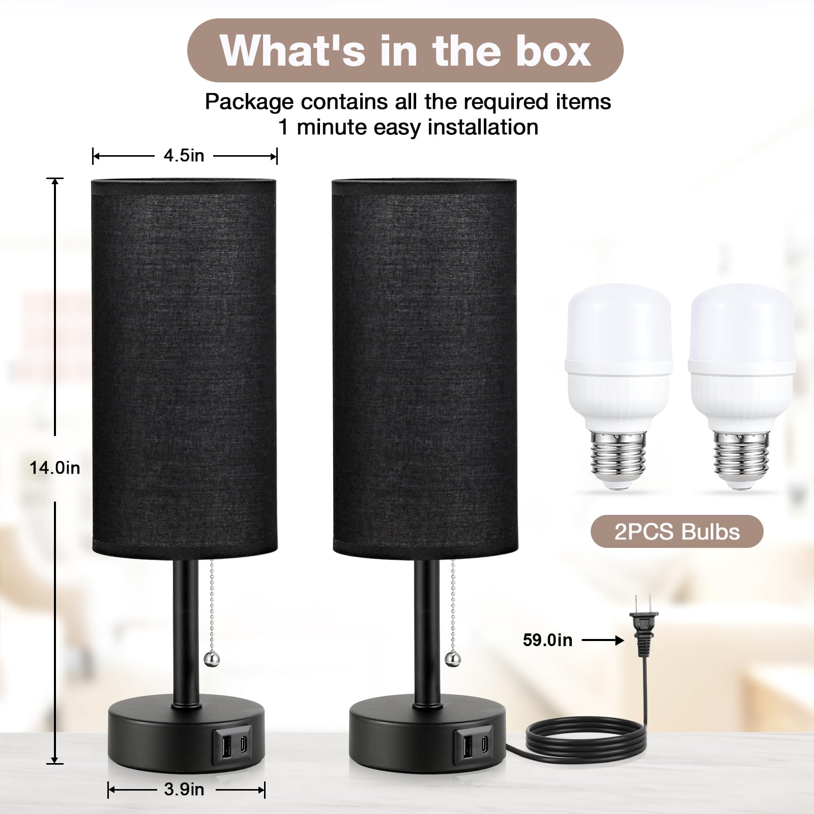 Black Bedside Lamps For Bedroom Set Of 2 - Nightstand Table Lamp With Usb Charging Port, Pull Chain Night Stand Light, Side Tabl