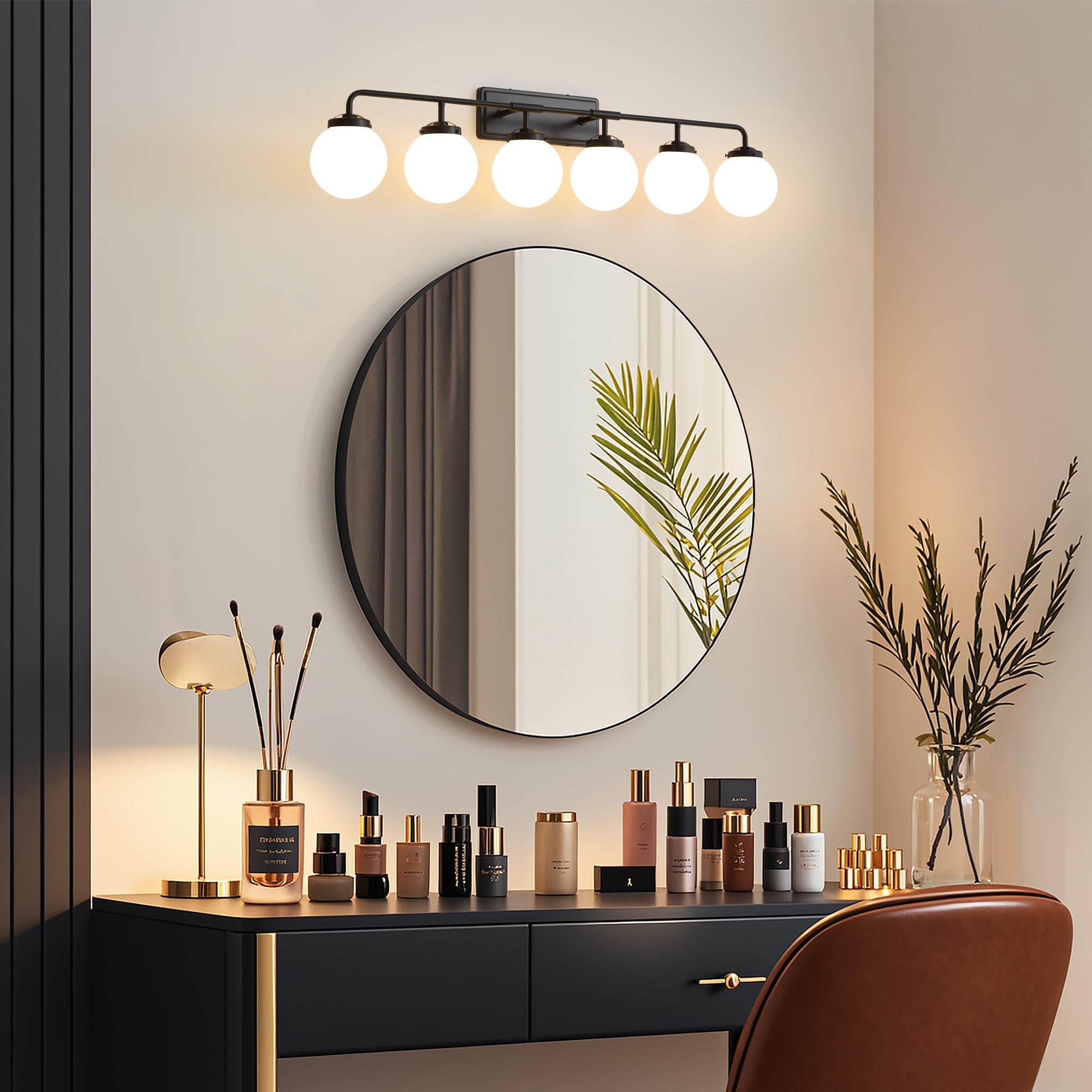 Deyidn 6-Light Matte Black Bathroom Light Fixture Over Mirror with Milk White Glass Shades, Model 1758-6