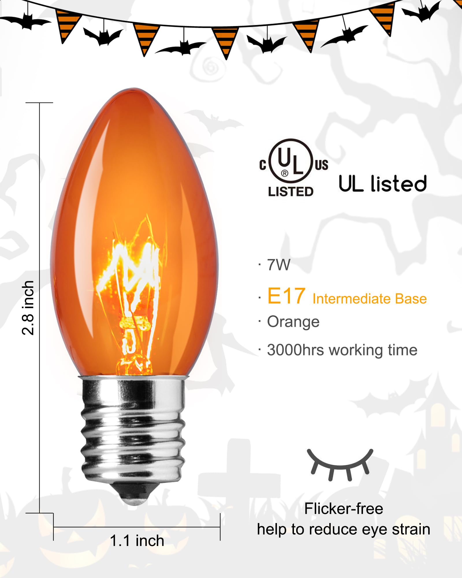 Brightown 25 Pack C9 Halloween Orange Lights, C9 Replacement Light Bulb For Halloween String Lights, E17 Intermediate Base, 7 Watt, Orange