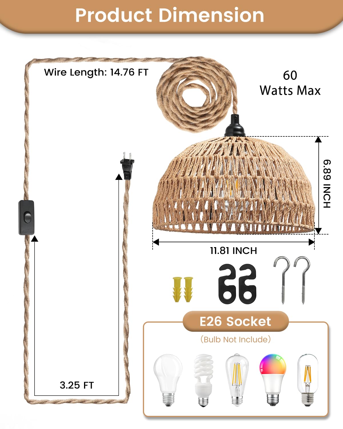 Rattan Hanging Lamp,Boho Pendant Lights,Plug In Cord Hanging Rattan Light,Plug Into Wall Outlet Pendant Light Fixture On/Off Switch For Living,Dinner Room,Bedroom,Kitchen,For E26,Without Bulb