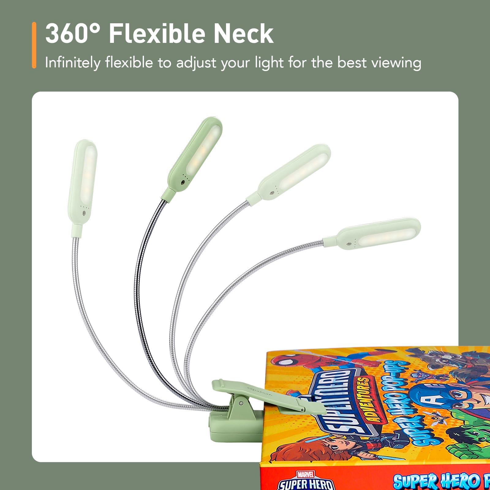 VAVOFO Rechargeable Book Light - 7 LED Eye Care Lamp, 9-Level Warm Cool White, Avocado Green, Model KM-6720