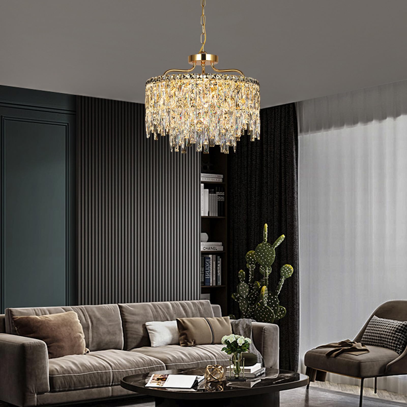 NISIDUN 6-Light Gold Crystal Chandelier, Modern Pendant Lighting for Dining Room, 18" Diameter, Luxury Ceiling Fixture