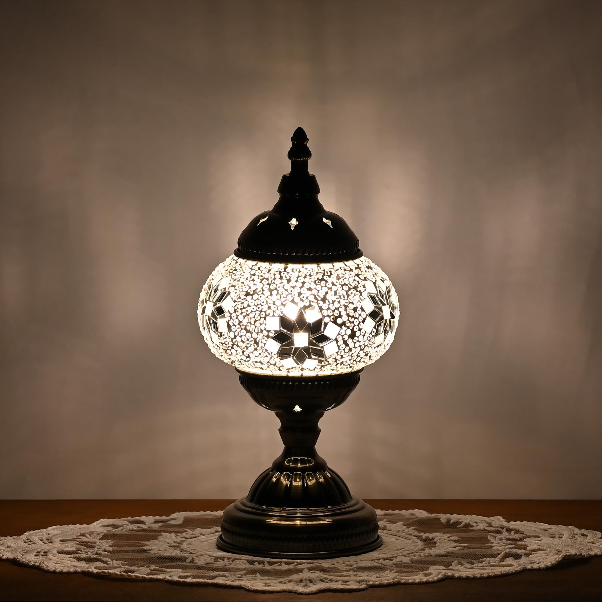 GOGERS Turkish Moroccan Table Lamp, Handmade Mosaic Glass, Tiffany Style, White Fancy, Model GS-HH-Y8
