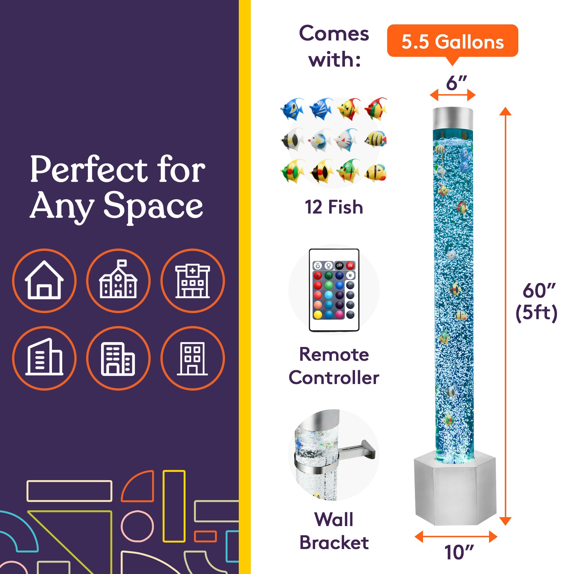 Special Supplies Sensory Bubble Tube with 16 LED Color Changing Lights, 5 ft Floor Lamp, Stainless Steel Base, Includes 12 Fish