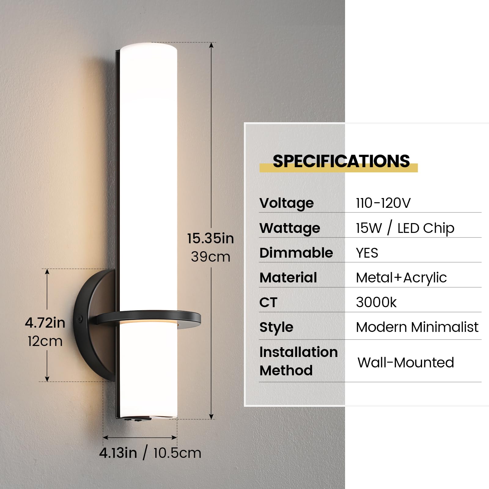 AIJIASI Wall Sconce Light Set of 2 - Dimmable LED, 15W, Black Metal, Acrylic Shade, Model 8001WL-14BK-US-2P