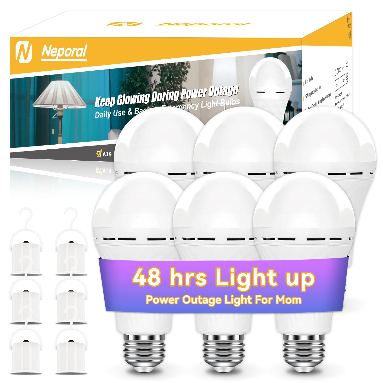 Neporal LITE Emergency Rechargeable Light Bulbs A19, Light Up to 48 hrs, Battery Operated Light Bulb, 5000K E26 LED Bulb, Emergency Lights for Home Power Failure
