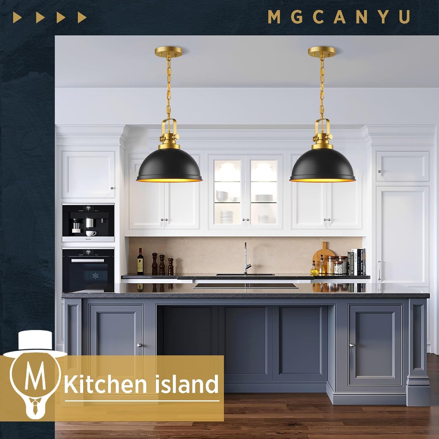 Mgcanyu 2-Pack Black Gold Pendant Lights, 12in Matte Black Metal Fixture for Kitchen, Dining Room, Industrial Style, Model M-XT-D