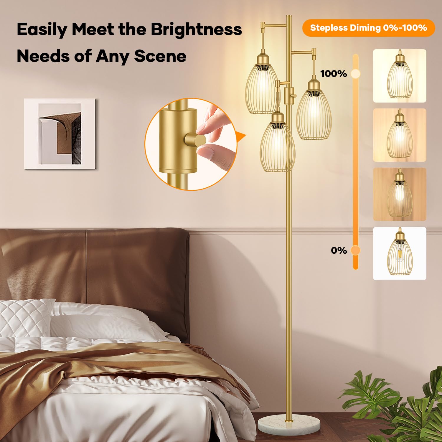 Nintiue Dimmable Floor Lamp with 3 LED Bulbs, 70 inches, Gold & Marble Base, Model FL1908, Industrial Style for Living Room & Office