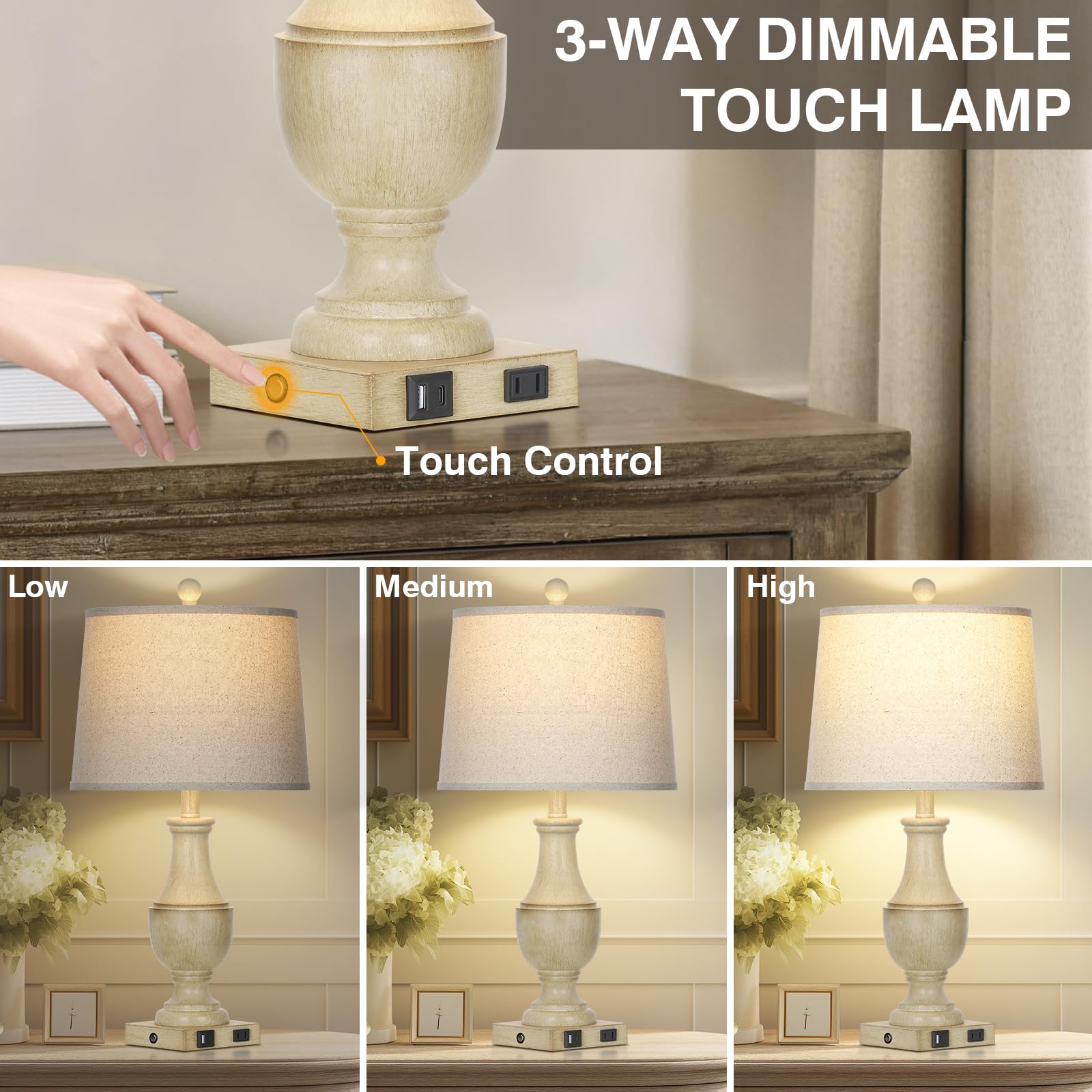 Rinweey Farmhouse Lamps Set Of 2, Vintage Rustic 3-Way Dimmable Touch Control Table Lamp With Usb A+C Charging Ports & Ac Outlet