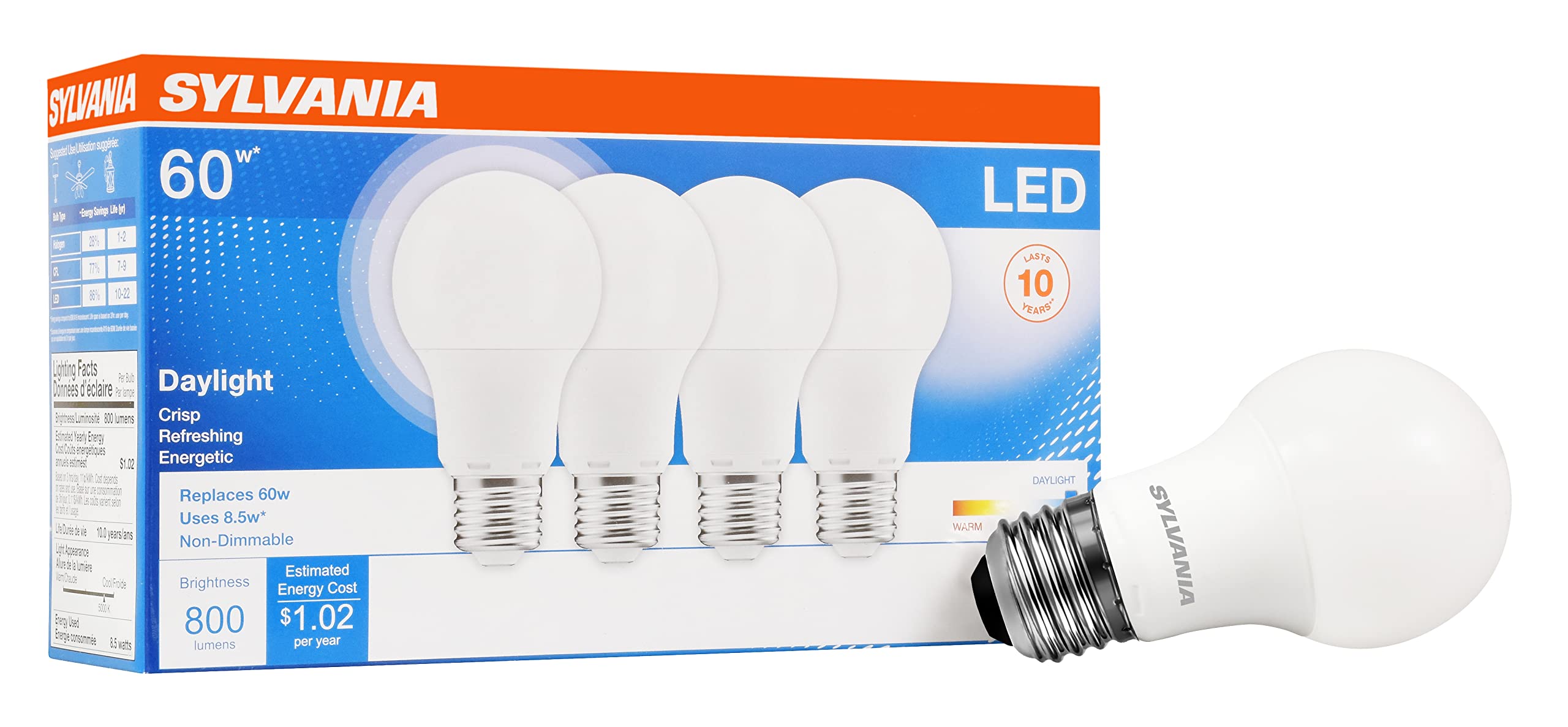 Sylvania Led A19 Light Bulb, 60W Equivalent, Efficient 8.5W, Frosted, 5000K, Daylight - (79284), 4 Count (Pack Of 1)