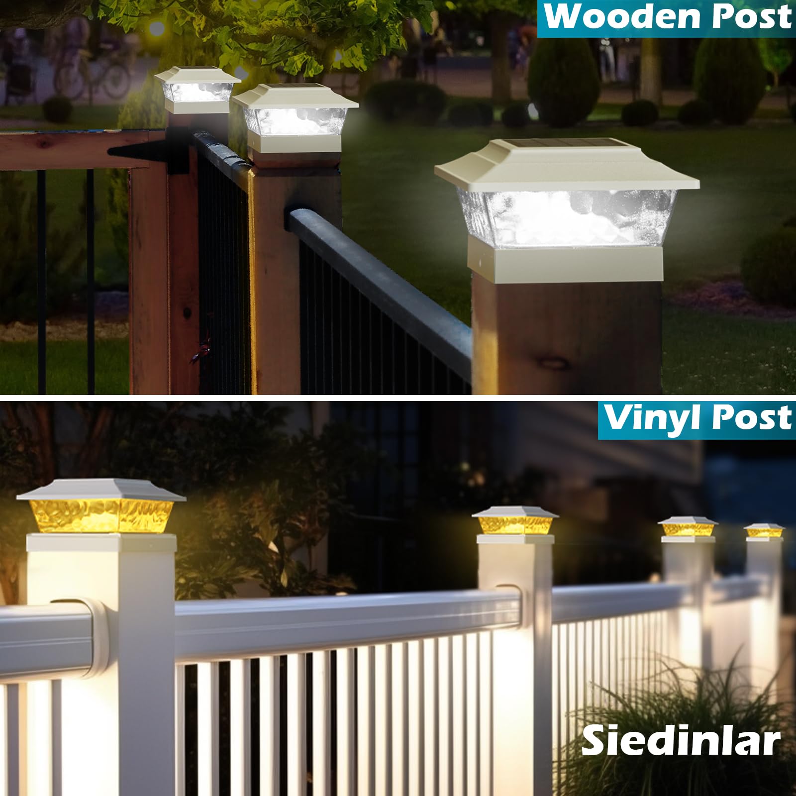 SIEDiNLAR Solar Post Lights - 12 LEDs, 4 Modes, 2 Pack, White, for 4x4-6x6 Posts, Warm/Cool White Dynamic Lighting