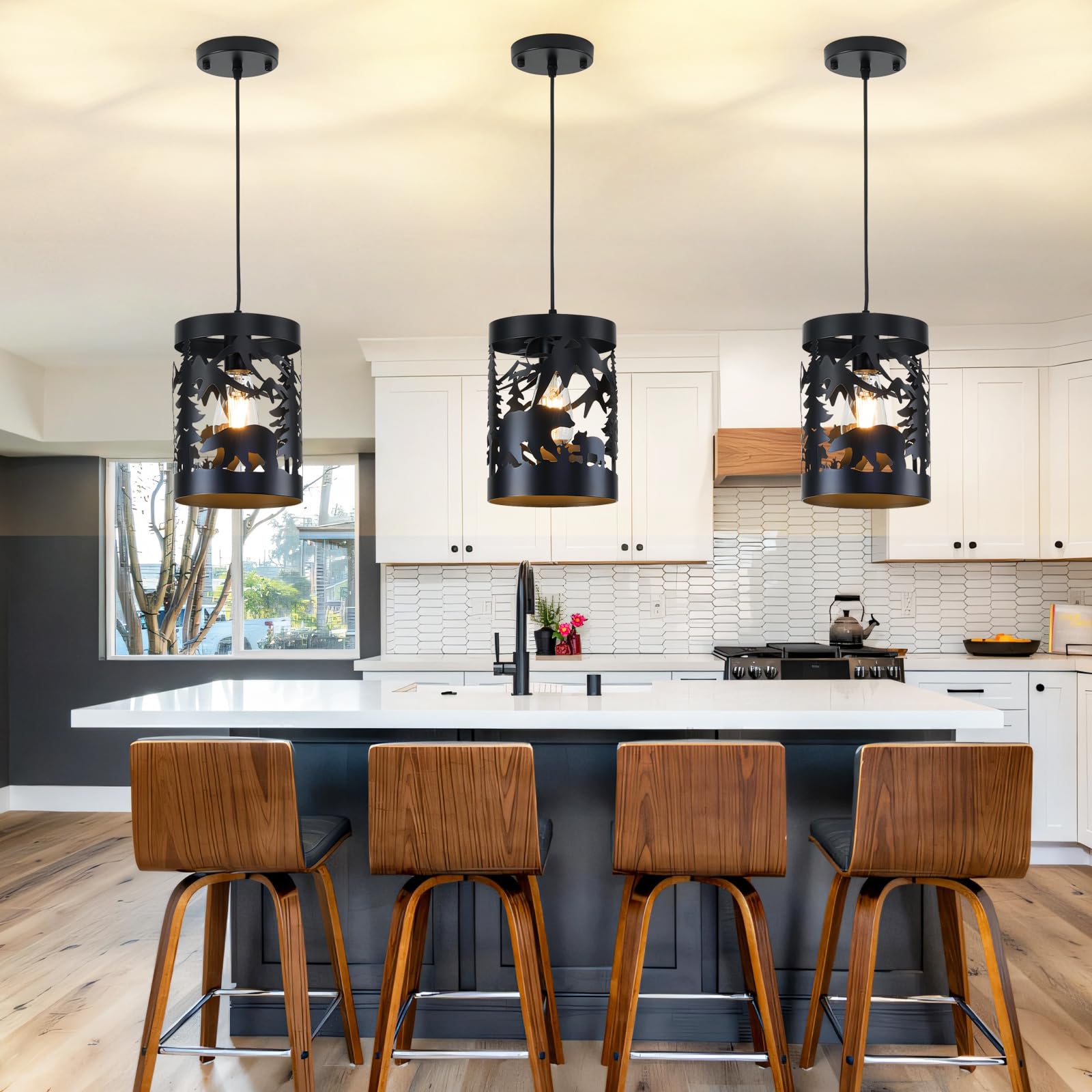 Monyohame Farmhouse Rustic Ceiling Light Fixtures, 1-Light Round E26 Base Black Metal Fixture Adjustable Height With Bear Design