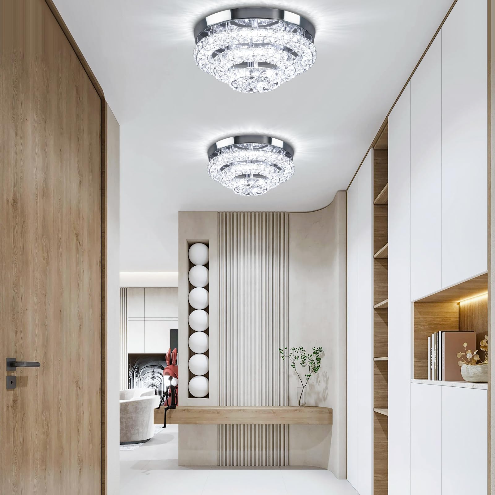 Cainjiazh Crystal Chandelier LED Flush Mount Light Fixture, 11.8in, Stainless Steel, Dimmable with Remote Control, Modern Three-Tier Design