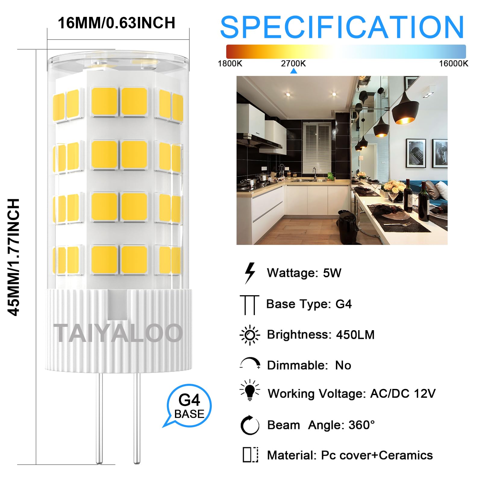 TAIYALOO G4 LED Bulbs 5W T3 40W Halogen Replacement, 12V AC/DC, Bi-Pin Base, Daylight White 6000K,