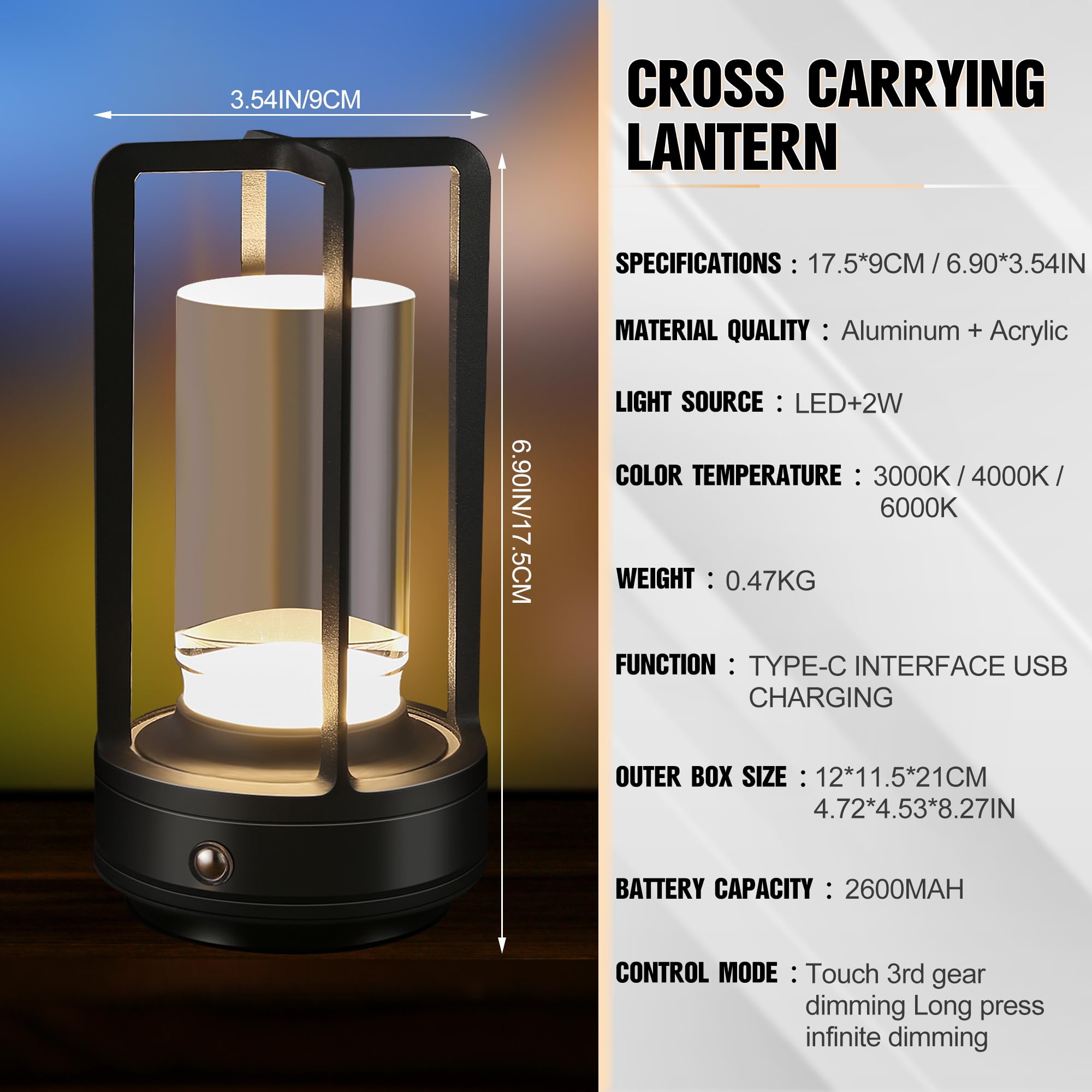 Grasomtools Portable Metal Table Lamp,Cordless Table Lamp, Rechargeable Battery Operated Lights, Led Table Lamps, 3 Color Stepless Dimming Touch, For Bedroom Restaurant Home Outdoor (Black)