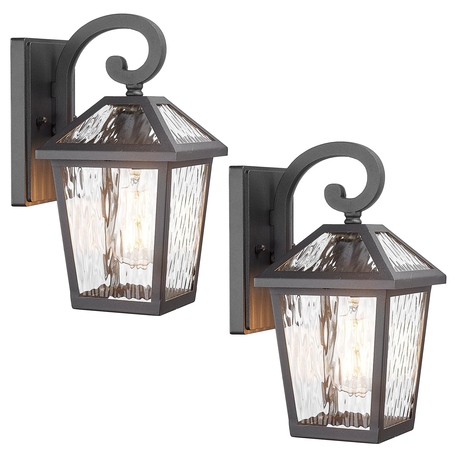 Luminzone Outdoor Wall Lantern 2-Pack, Waterproof Matte Black, Aluminum, Small, Model 7H1B-M WH, Ripple Glass Design