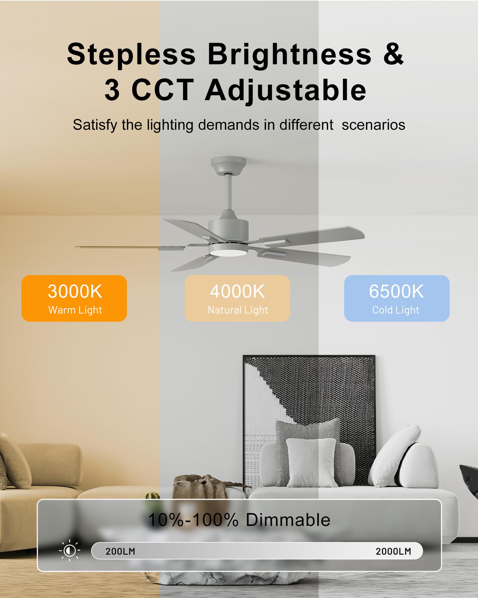 CubiCubi 52 inch Ceiling Fan with Lights, Remote Control, Dimmable, Quiet, Gray Woodgrain, Model Cubicubi-52-SL