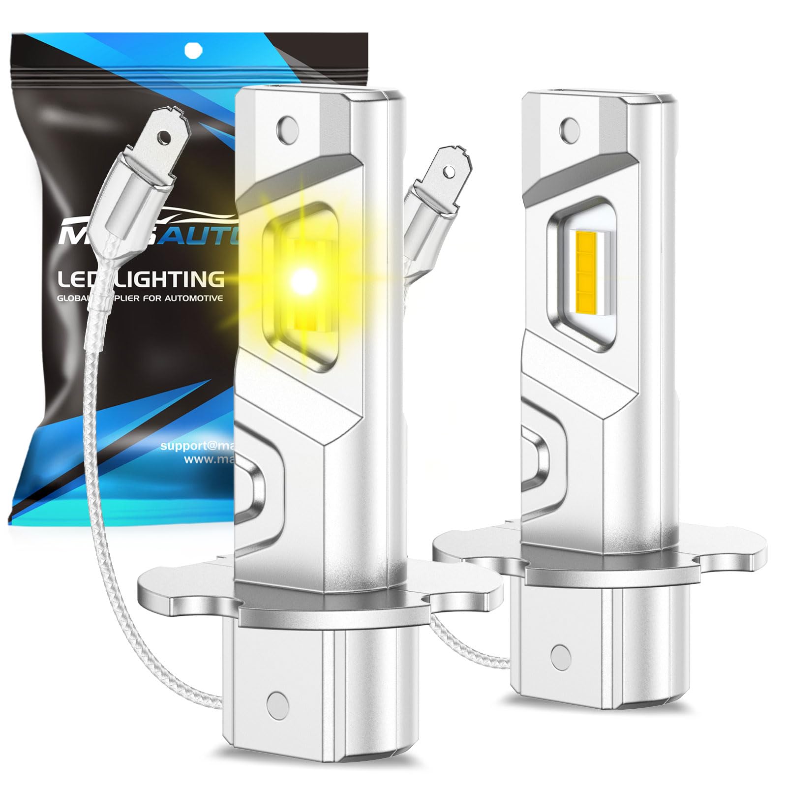 Marsauto H3 LED Fog Light Bulb, 600% Brightness, 12000LM, 3000K Amber Yellow, Pack of 2