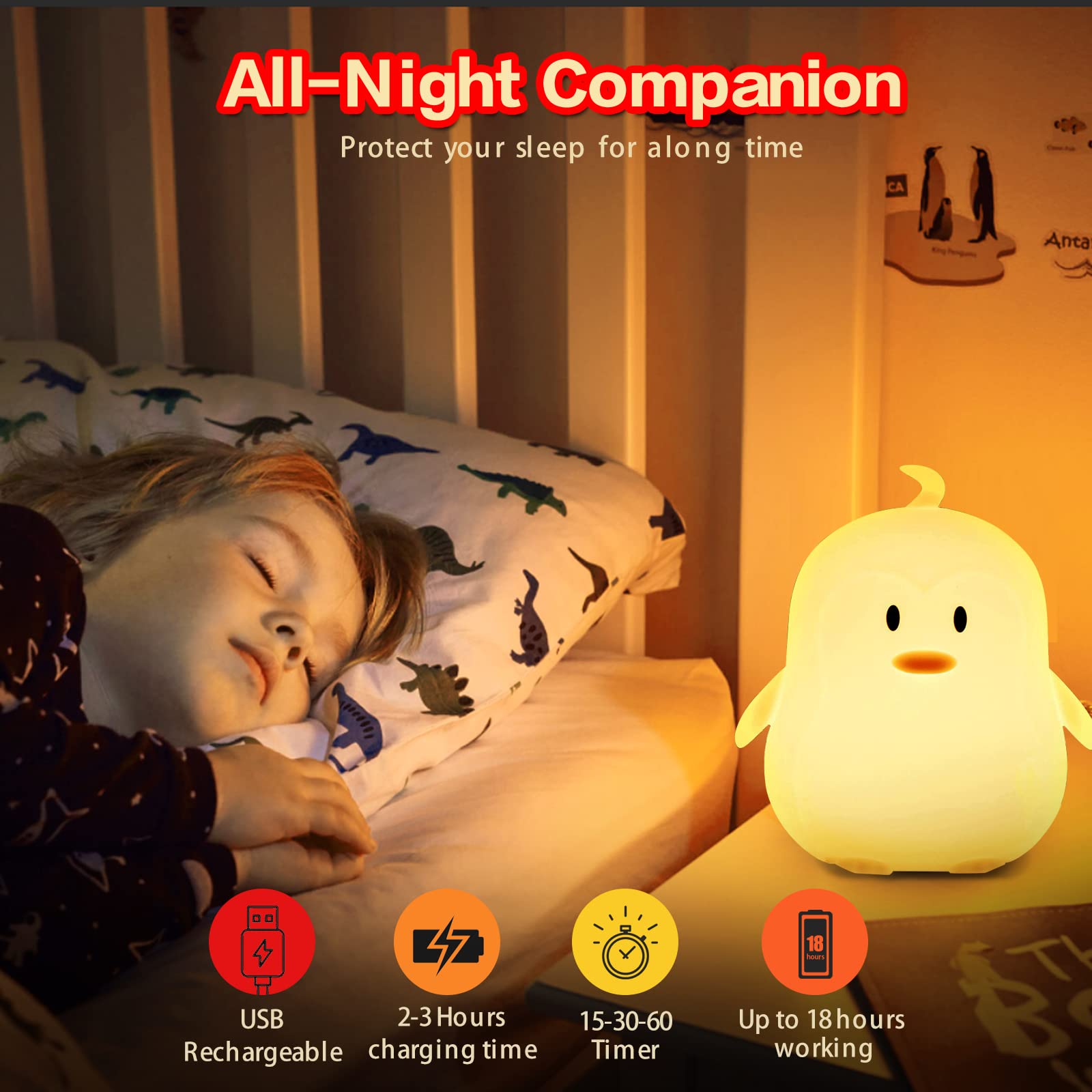 Wha&Darren Penguin Night Light, Kids Night Light, Silicone Nursery Light For Baby And Toddler, Squishy Night Light For Kids Room, Animal Night Lights, Kawaii Lamp, Cute Lamps For Bedroom
