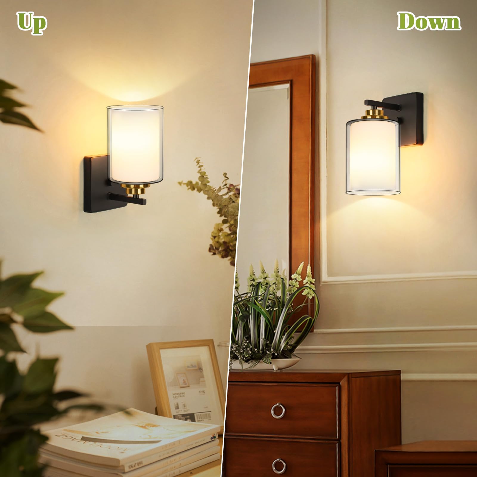 VerRon Set of 2 Wall Sconces - Modern Black & Gold Vanity Light Fixtures with Double Glass Shade for Bathroom & Living Room