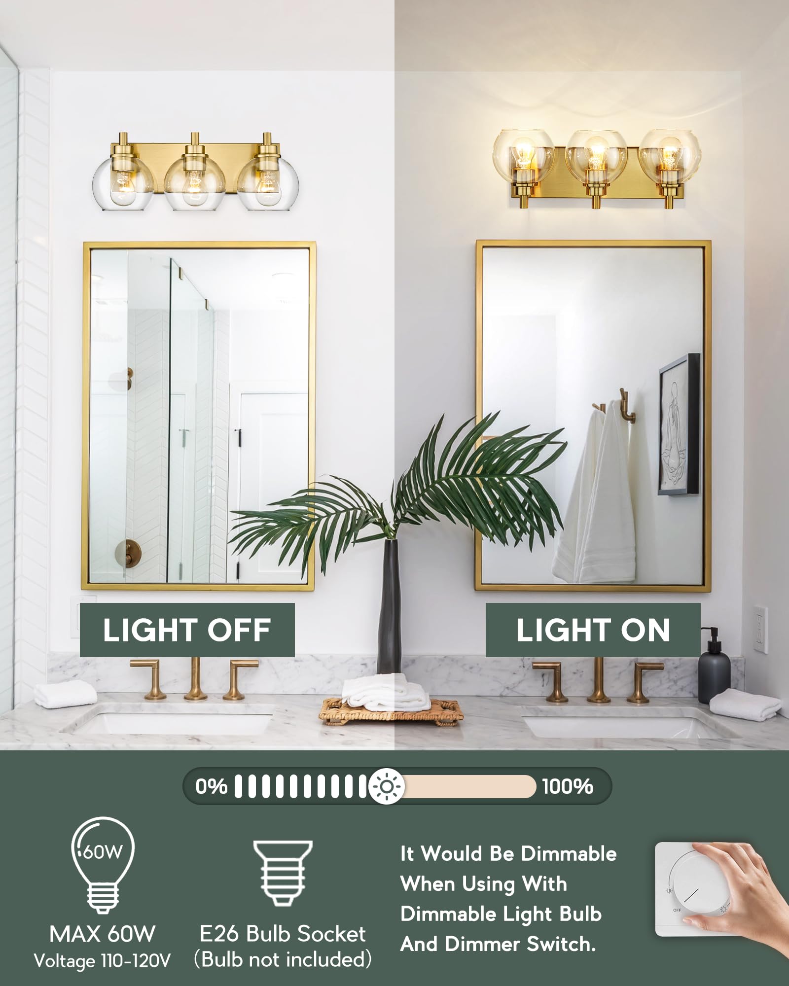 Metwet Bathroom Light Fixtures, 3-Light Brushed Gold Vanity Light, Modern Wall Sconces With Clear Glass Globe Shade, Bathroom Wa