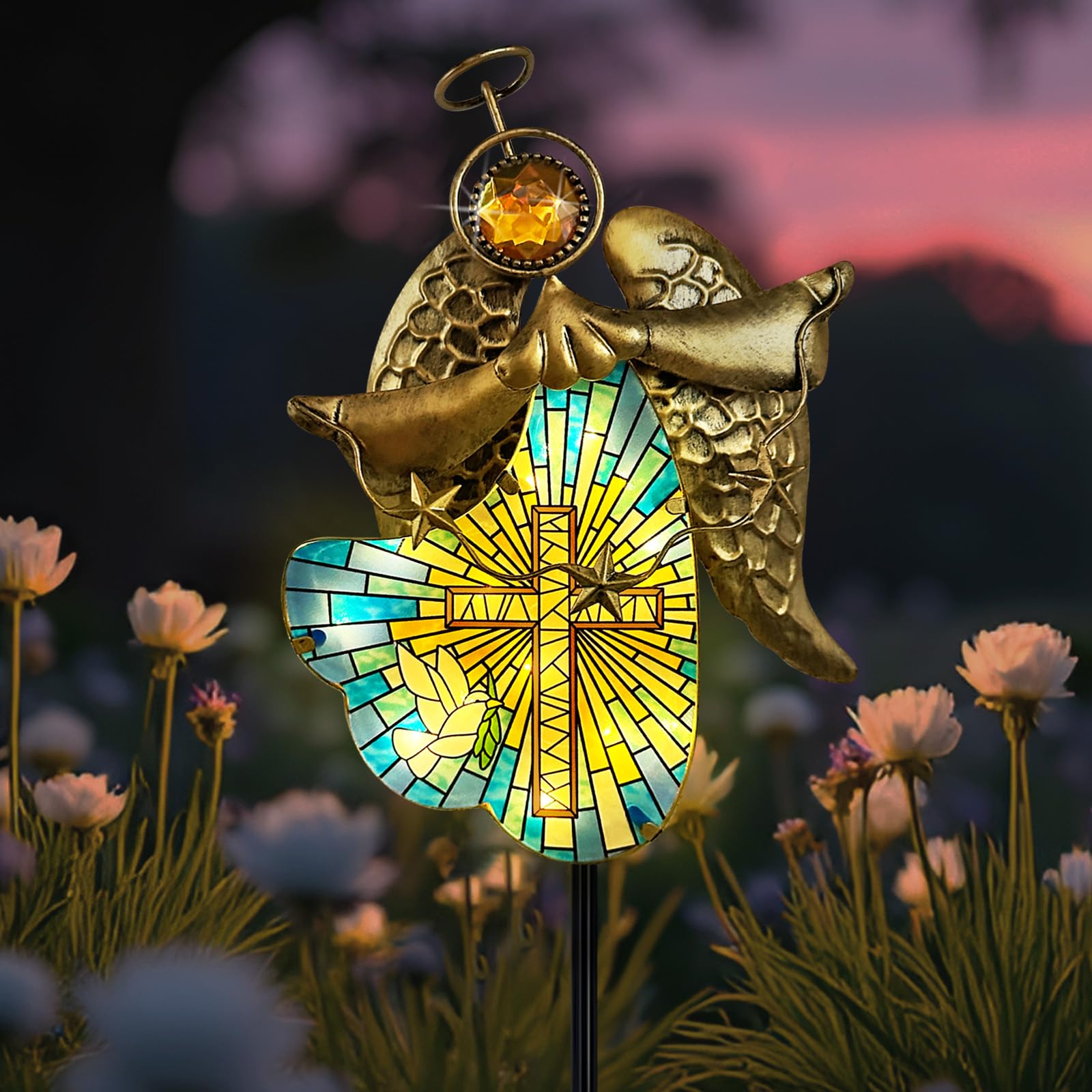 Solar Cross for Cemetery Grave,Metal Angel Garden Stake Pathway Light for Yard Patio Cemetery,Solar Angel Garden Decor Statue fo
