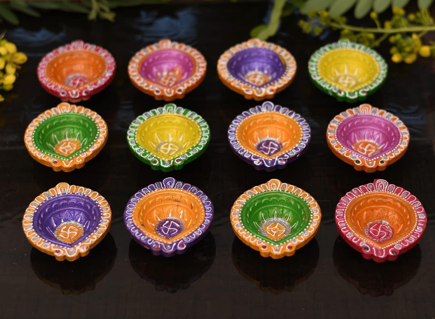 Collectible India Clay 12 Diyas Diya Deepak Earthen Assorted Colorful Set - Diwali Decoration Puja - Handpainted Diya for Home I