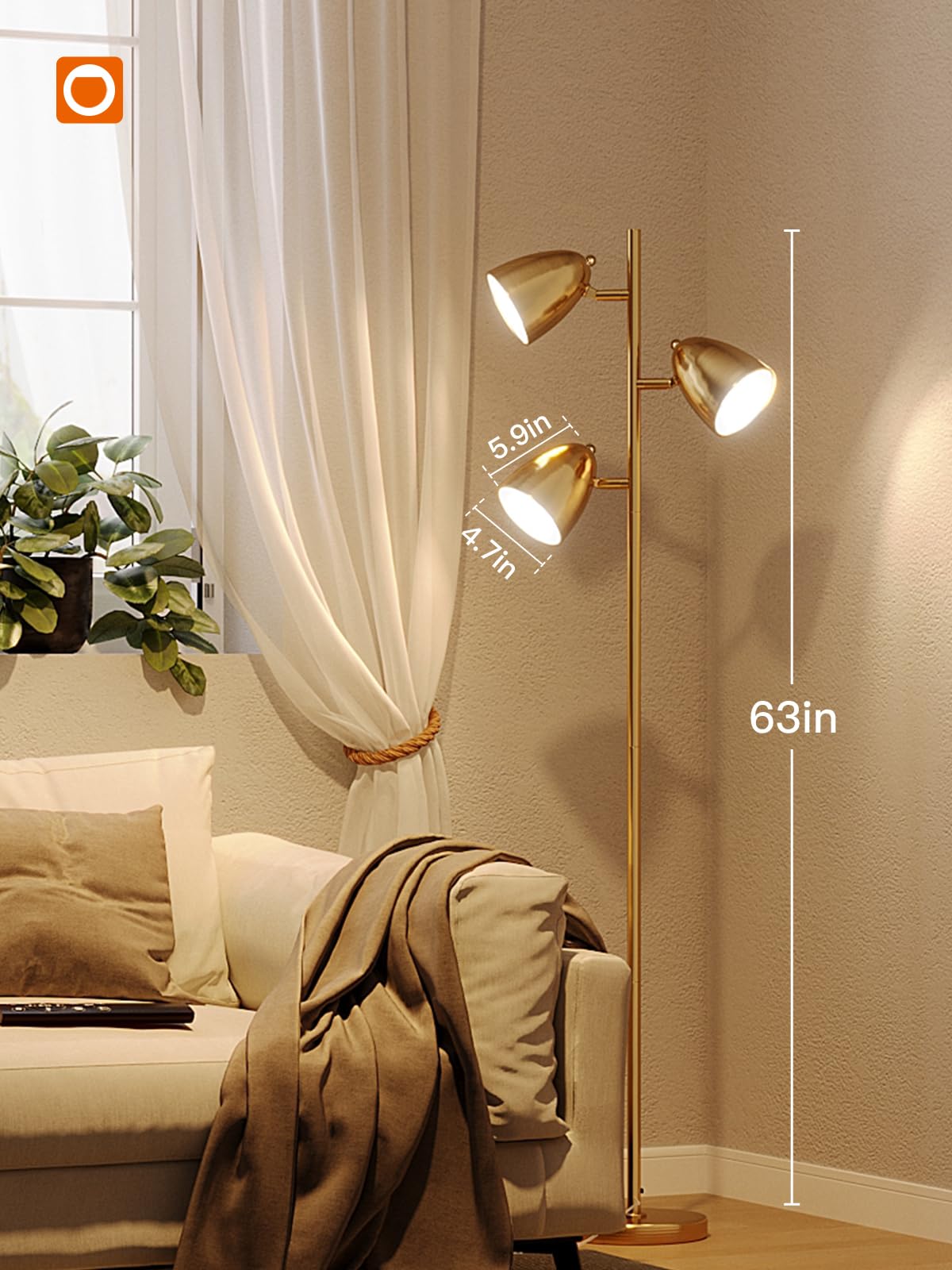 addlon Tree Floor Lamp with Remote, Adjustable Rotating Light, Gold, Model YY-02, Metal Construction