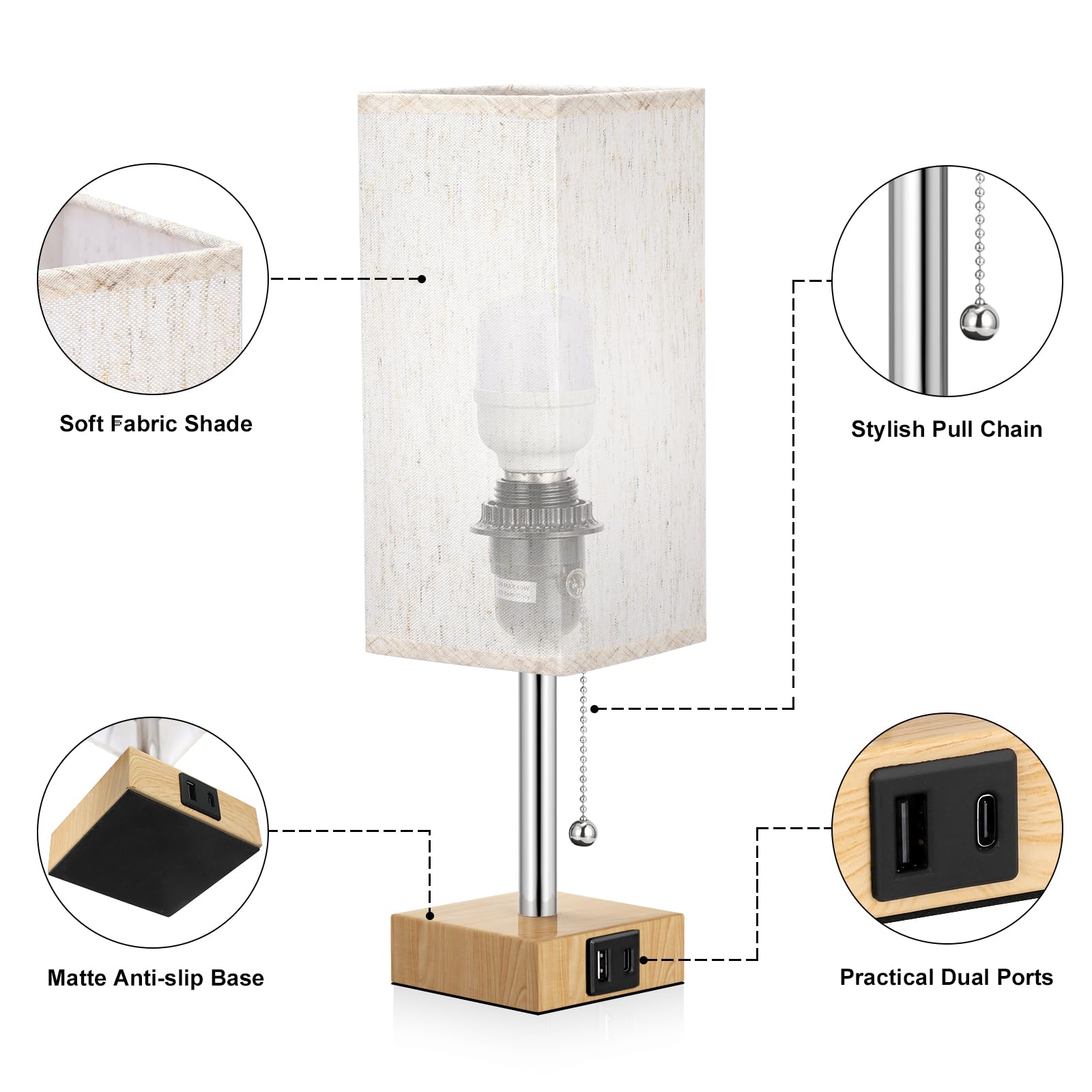 Wood Grain Bedside Table Lamps Set Of 2 - Bedroom Lamps With 3 Color Temperatures (3000K/5000K/4000K), Two Square Nightstand Lam