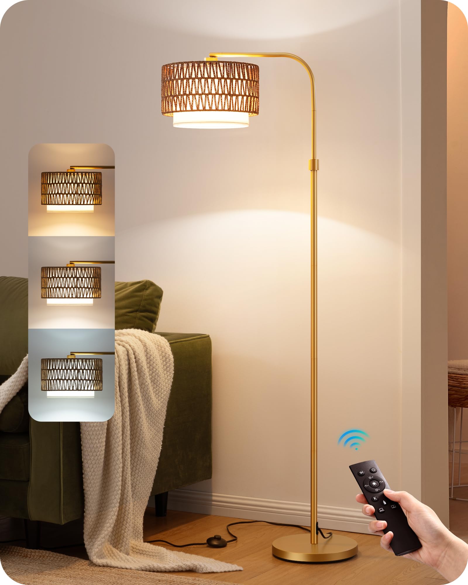 EDISHINE Rattan Floor Lamp for Living Room with Remote & Dimmable LED Bulb,63'' Mid Century Rattan Fabric Shade Standing Lamp wi