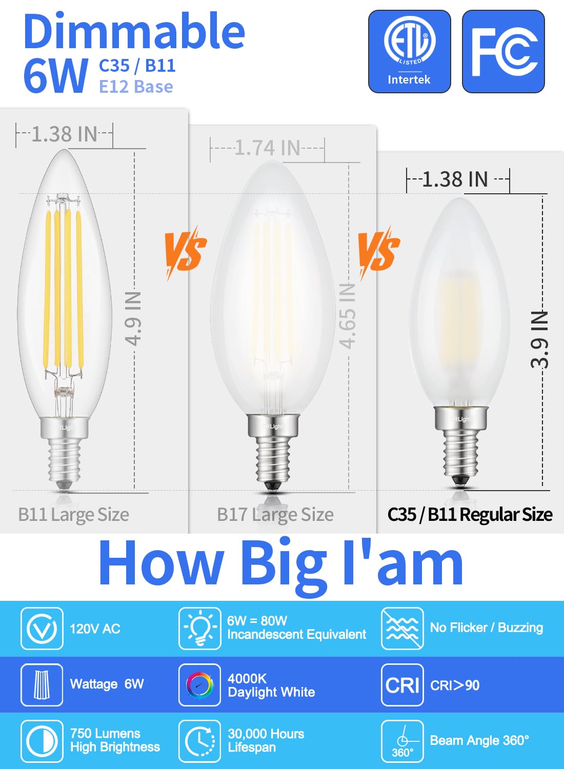 CRLight 6W Dimmable LED Candelabra Bulb, 4000K Daylight White, E12 Base, Pack of 8, Frosted Glass, 600 Lumens