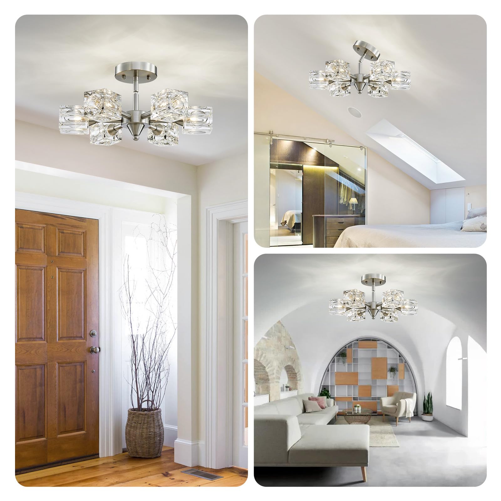 XINGQI 6-Light Semi Flush Mount Ceiling Light, Brushed Nickel Chandelier, Modern Design for Dining Room, Kitchen, Entryway