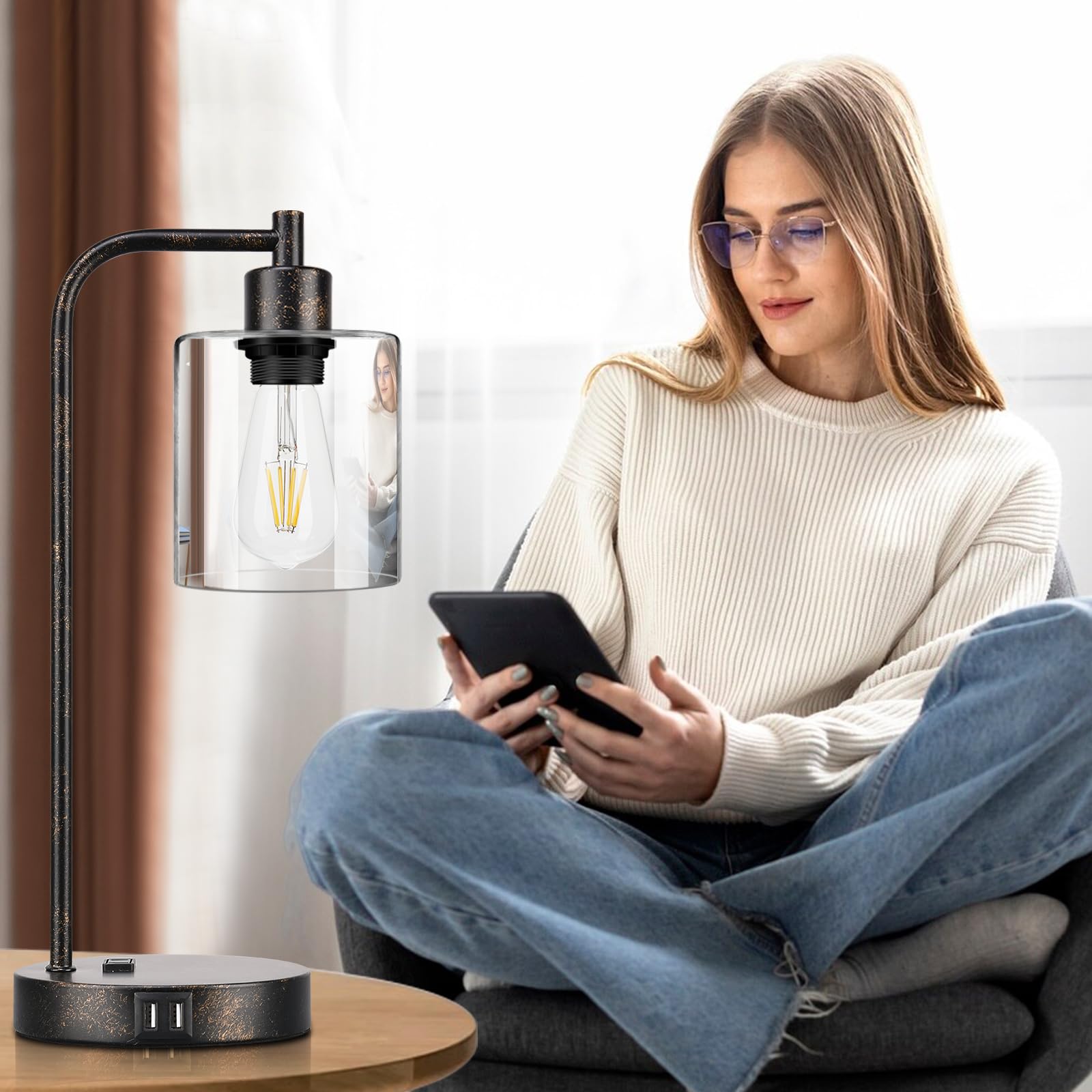 Industrial Touch Table Lamps Set Of 2 - Rustic Black Bedside Lamps With 2 Usb Ports & Ac Outlet, 3-Way Dimmable Nightstand Desk