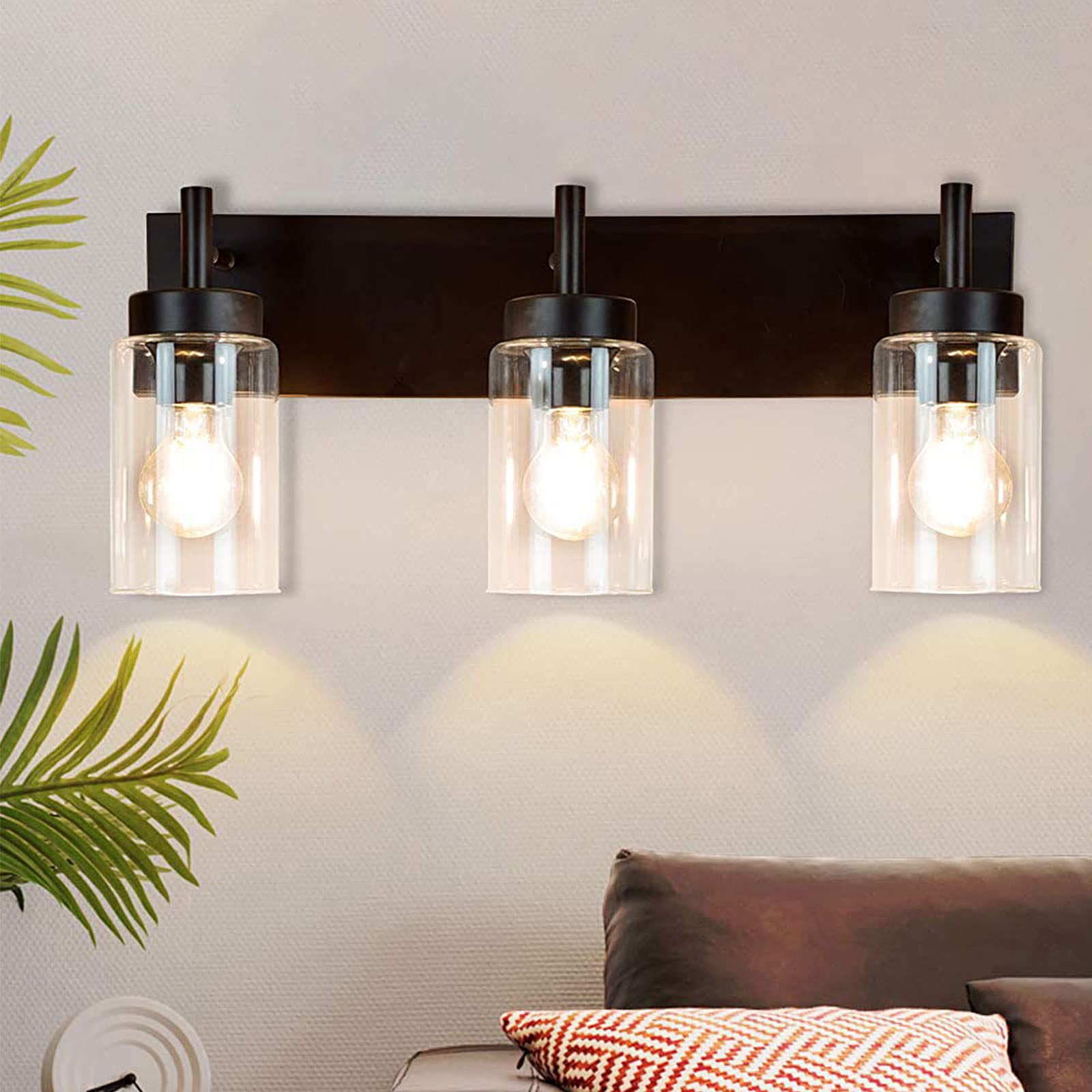 Dinglilighting Vintage 3-Light Wall Sconce, Black Metal Bathroom Vanity Light With Clear Glass Shades, Model Ws-Fnw2-60B