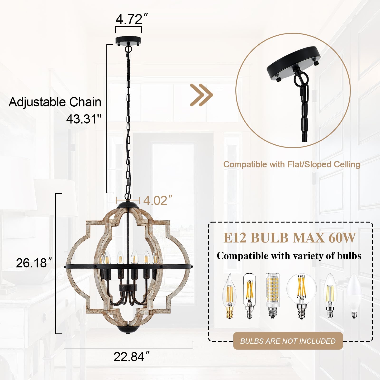 TACDANDM Farmhouse Chandelier, 23'' 6-Light Wood Pendant, Rustic Oak Distressed White, Metal, Model DG-021, Ideal for Dining Room & Entryway