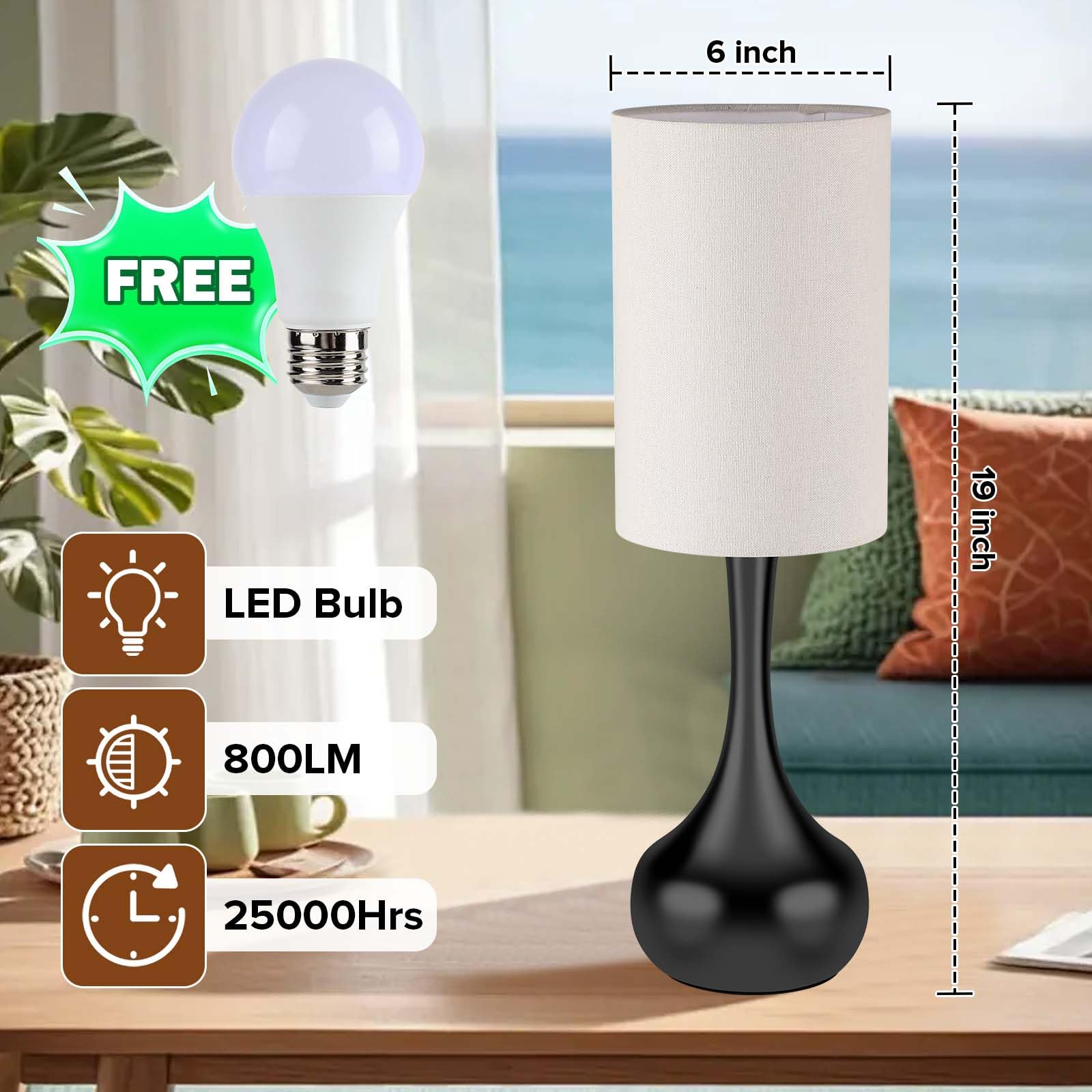 LEDIKON Touch Control Bedside Lamp,3-Way Dimmable,Modern Black Table Lamp, Space Saving Small Nightstand Lamp for Bedroom, Livin