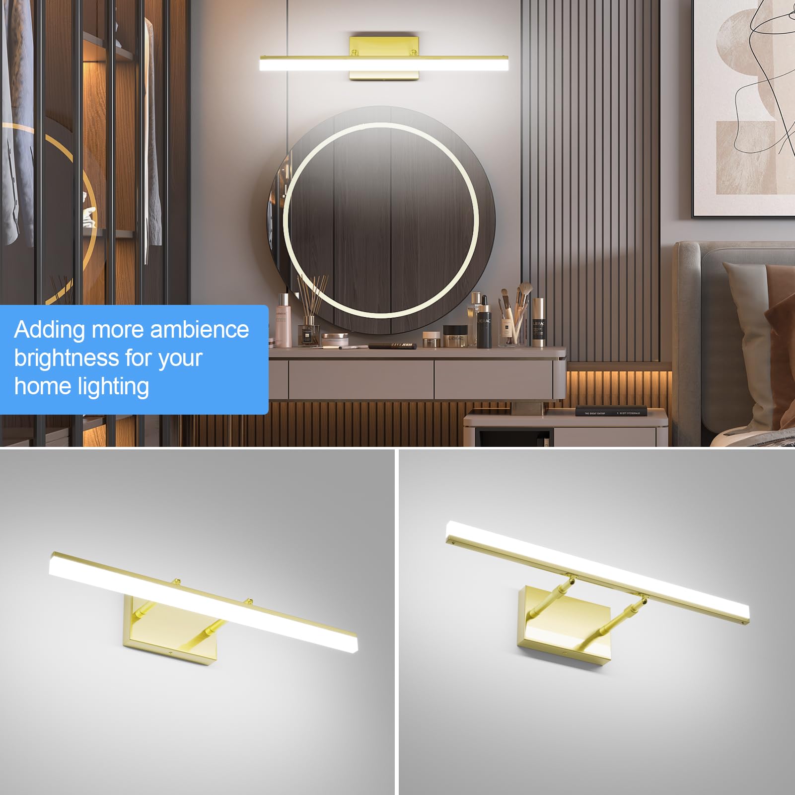 Aipsun Bathroom Vanity Light LED 24inch Brushed Gold Frosted Acrylic Modern Over Mirror Lighting