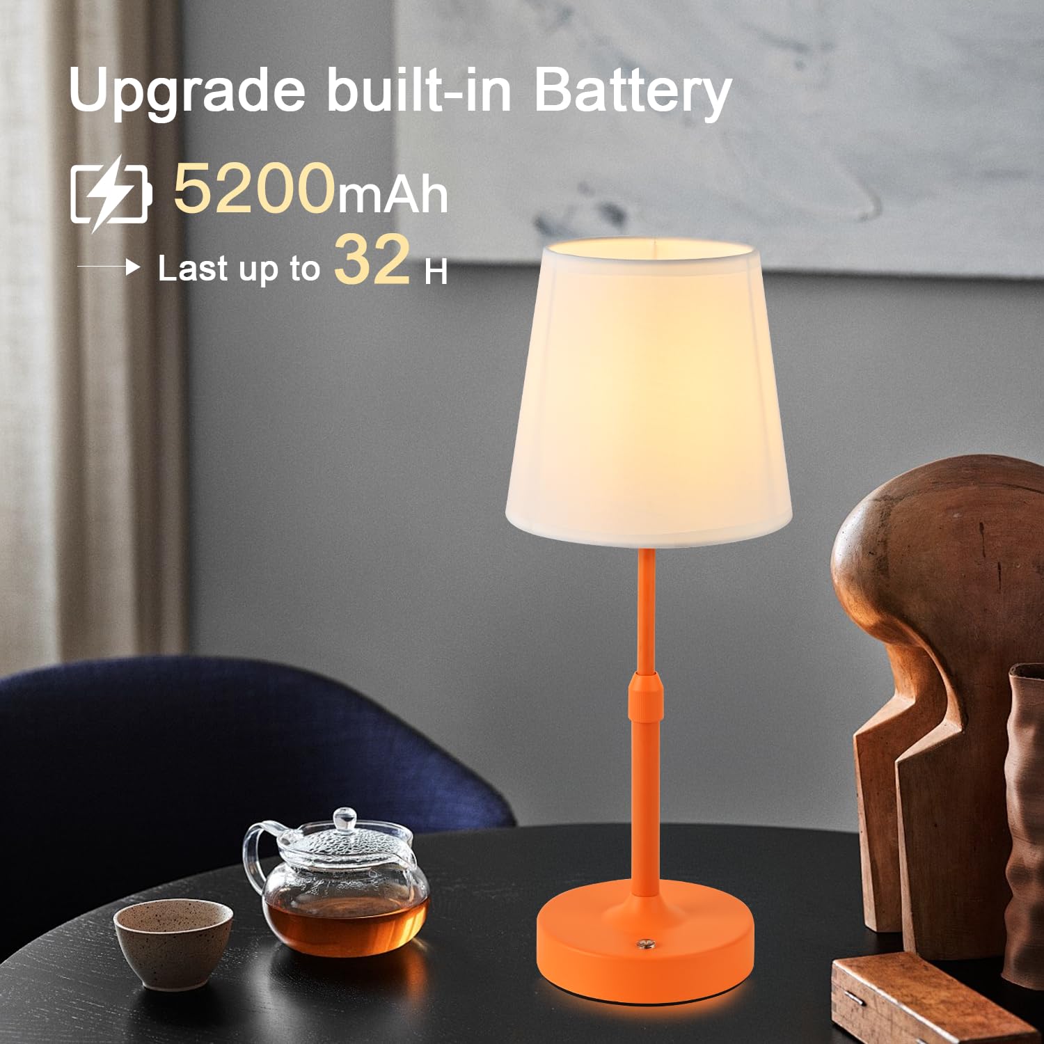 HISEEGO Cordless Lamp - Battery Operated, Rechargeable 5200mAH, Adjustable Height, Stepless Dimming, Iron, 15.3in Flat Shade, Orange