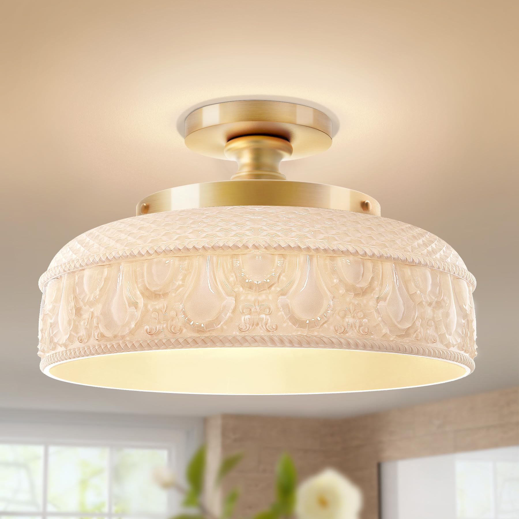 Lamomo Semi Flush Mount Ceiling Light,White Glass Shade Gold Hallway Light Fixture,3-Bulb Globe Glass Close to Ceiling Scone,Ind