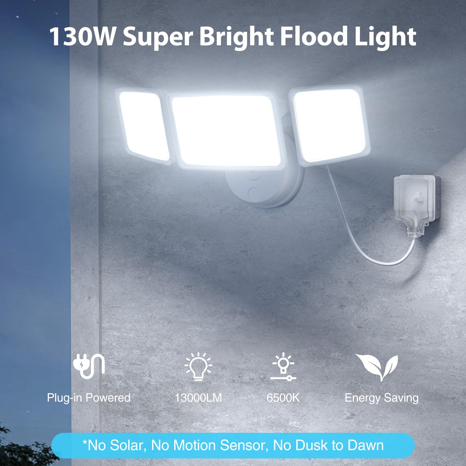 Onforu 130W Flood Lights Outdoor, 13000Lm Super Bright Plug-In Led Flood Light Outdoor, Ip65 Waterproof Security Light With 3 Ad