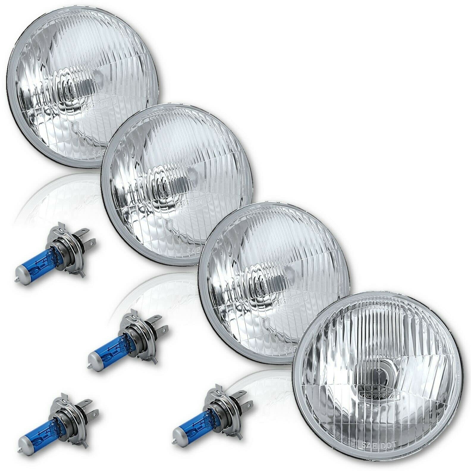 Octane Lighting 5-3/4 Stock Retro Style Glass Metal Headlight Halogen Super White 55/60w H4 Light Bulb Headlamp Set (60w SW Halo