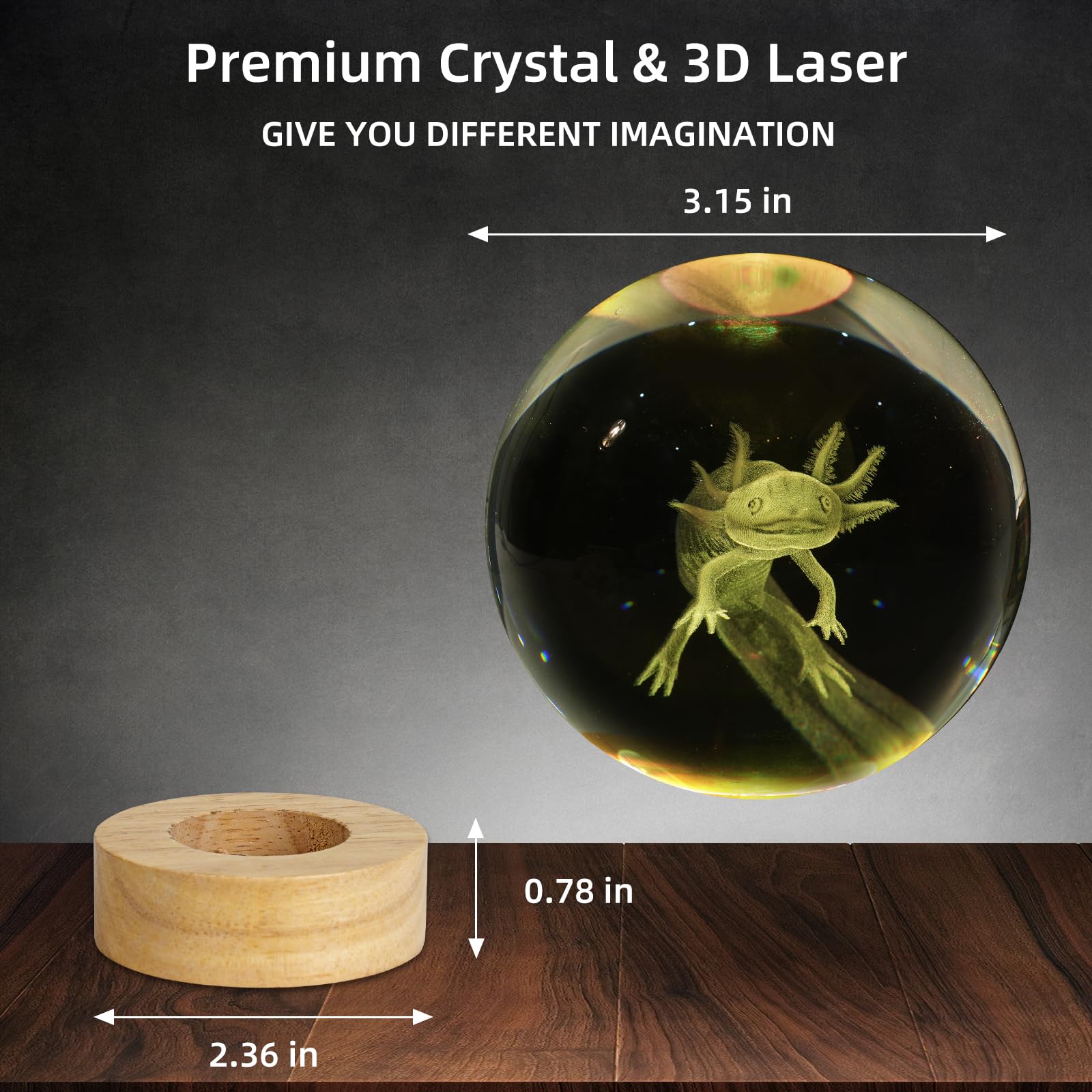 ZXBLAQ 3D Axolotl Crystal Ball Night Light, Glass, 3.15 Inch, 16 Color LED, Wooden Base, Axolotl-1