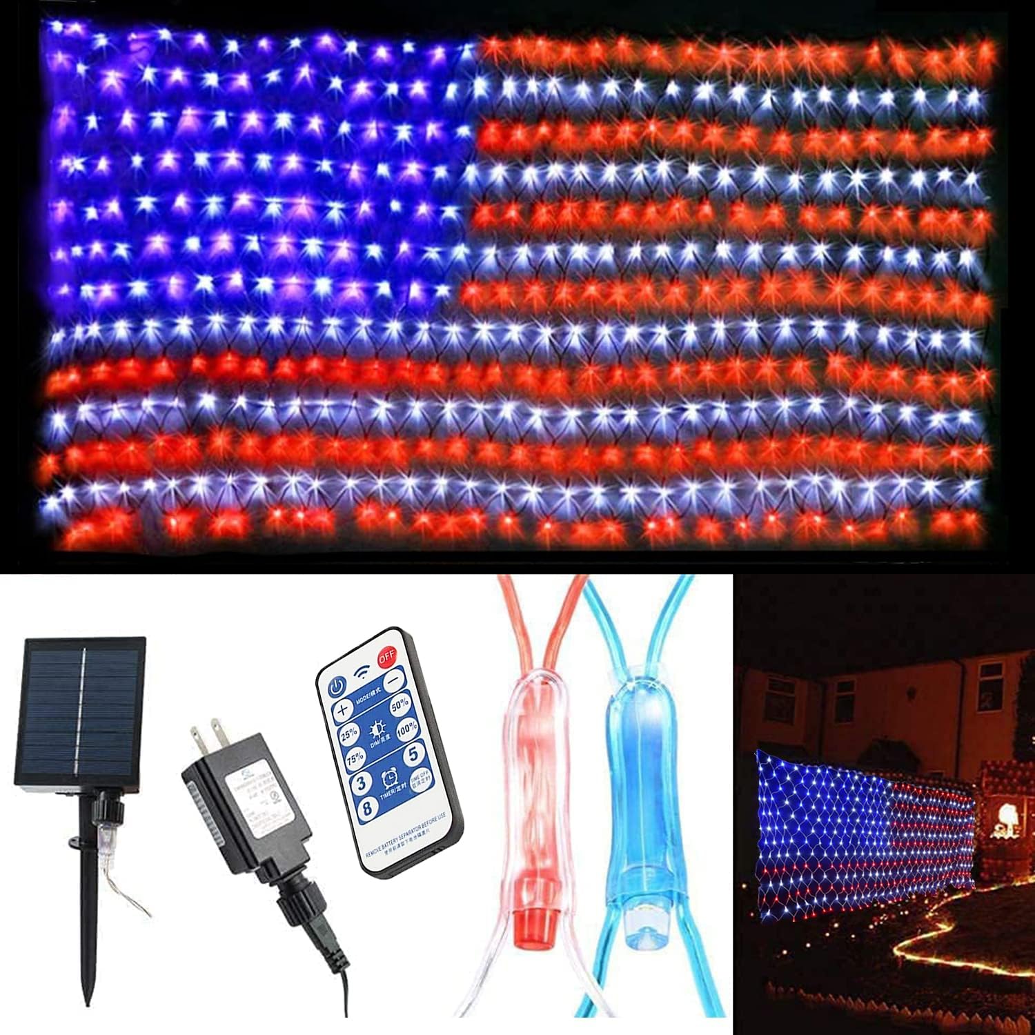 FUNIAO (Upgraded) 2-in-1 Plug-in & Solar Powered American Flag Lights, 420 LED Flag Net Lights, Waterproof Patriotic Lights for 