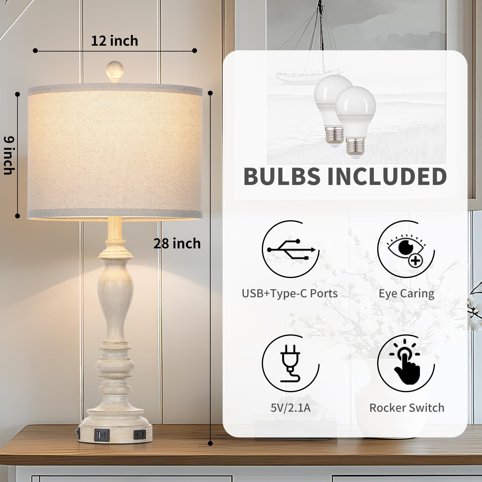 28'' Table Lamps With Usb C+A Ports & Ac Outlets, Farmhouse Rustic Table Lamps Set Of 2, Vintage End Table Nightstand Resin Beds