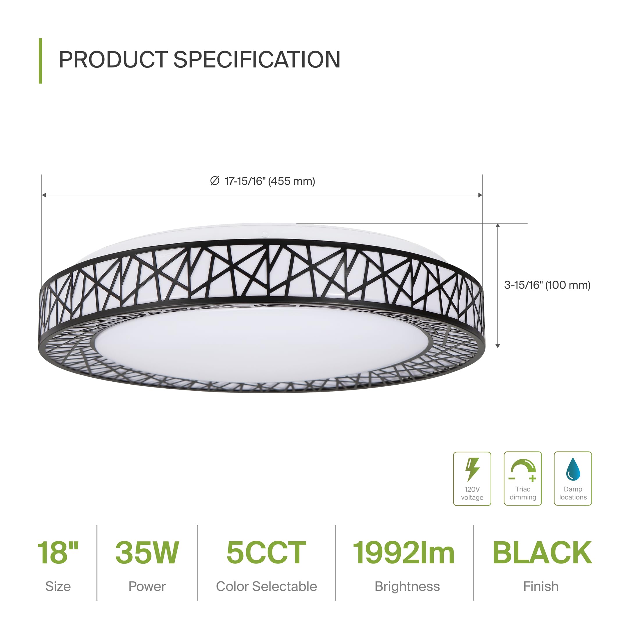 ASD 18 Inch LED Flush Mount Ceiling Light - 35W 1992LM, Dimmable, Matte Black, Iron Housing, Model A-LOFT-FM-18D35BK