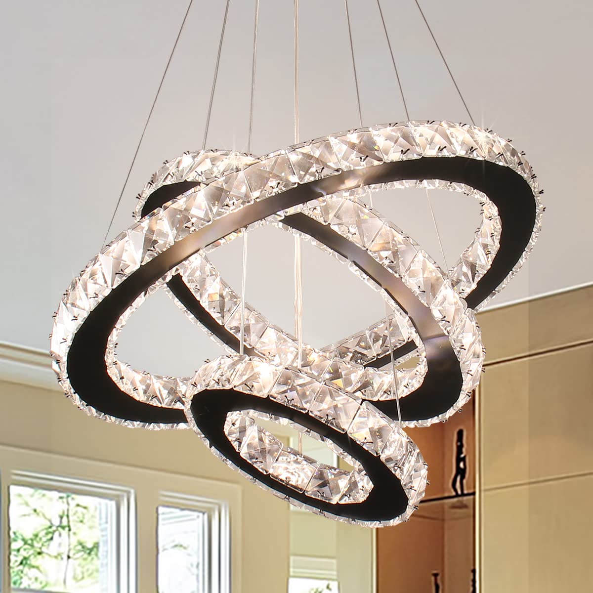 Diisunbihuo Dimmable Black Modern Led Crystal Chandeliers 3 Rings Pendant Light Adjustable Height Ceiling Lamp For Dinning Room 
