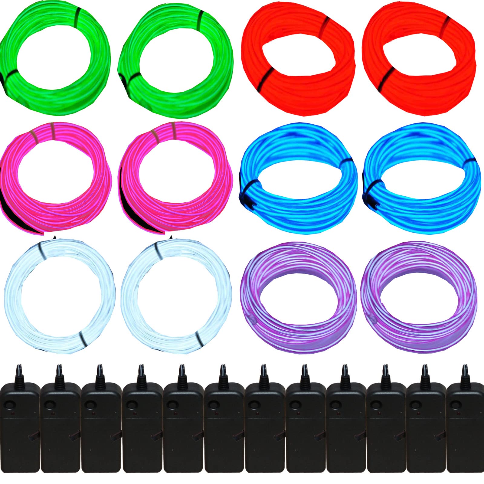 Jytrend 12 Pack 9Ft Neon Light El Wire With Battery Pack (Blue, Green, Red, White, Purple, Pink)