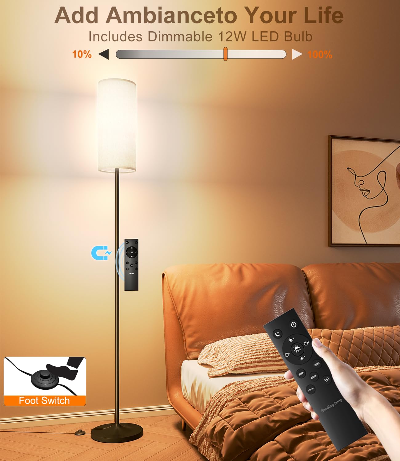Luckystyle Led Floor Lamp For Living Room, Dimmable Standing Lamps With Foot Switch,Remote Custom Color Temperature White Pole Lamp With Lampshade,12W Led Bulb Tall Lamps For Bedroom Office Kid Room
