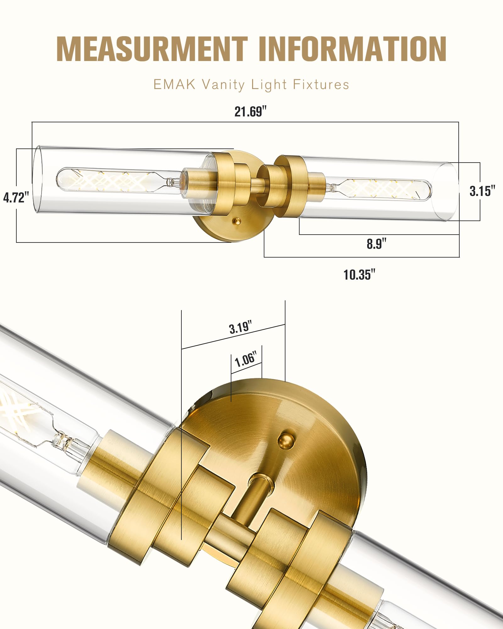 Emak 2-Light Bathroom Vanity Light Fixtures, Modern 22 Inch Brushed Gold Vanity Lights With Clear Glass Shade, Cylinder Wall Sco